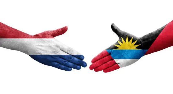 Handshake Antigua Barbuda Netherlands Flags Painted Hands Isolated Transparent Image — Stock Photo, Image