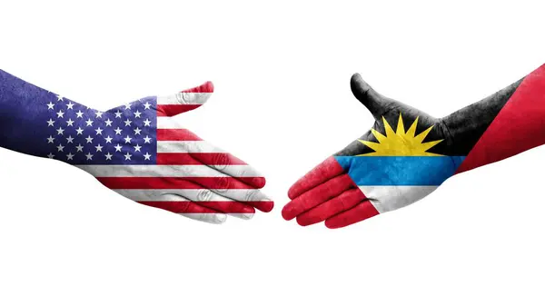 Händedruck Zwischen Antigua Und Barbuda Und Usa Flaggen Auf Hände — Stockfoto