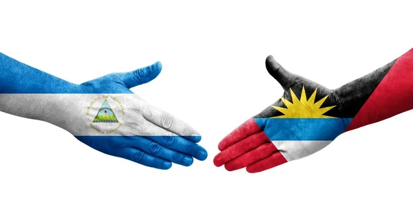 Handshake Antigua Barbuda Nicaragua Flags Painted Hands Isolated Transparent Image — Stock Photo, Image