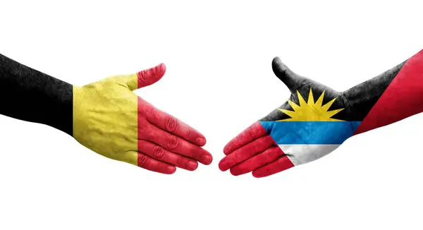 Handshake Antigua Barbuda Belgium Flags Painted Hands Isolated Transparent Image — Stock Photo, Image