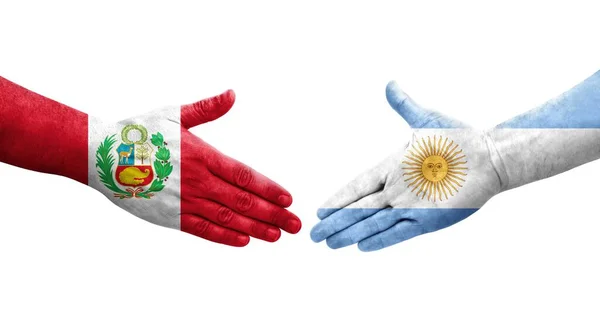 Händedruck Zwischen Argentinien Und Peru Flaggen Auf Hände Gemalt Isoliertes — Stockfoto