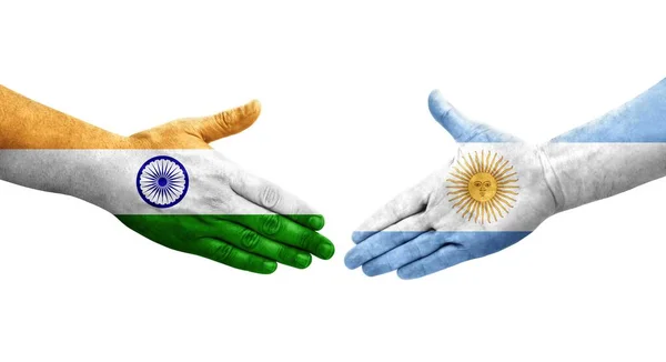 Aperto Mão Entre Argentina Índia Bandeiras Pintadas Mãos Imagem Transparente — Fotografia de Stock