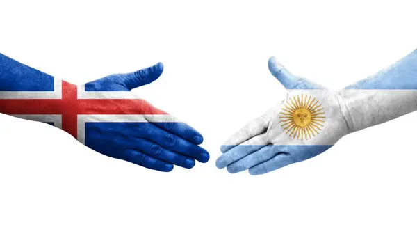 Рукостискання Між Аргентинськими Ісландськими Прапорами Намальоване Руках Ізольоване Прозоре Зображення — стокове фото