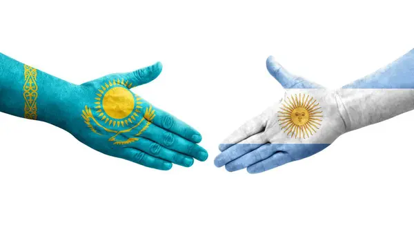 Χειραψία Μεταξύ Αργεντινής Και Καζακστάν Σημαίες Ζωγραφισμένα Στα Χέρια Απομονωμένη — Φωτογραφία Αρχείου