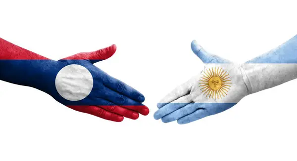 Χειραψία Μεταξύ Αργεντινής Και Λάος Σημαίες Ζωγραφισμένα Στα Χέρια Απομονωμένη — Φωτογραφία Αρχείου