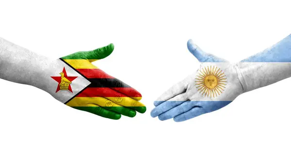 阿根廷和津巴布韦国旗之间的握手手绘 孤立透明的图像 — 图库照片