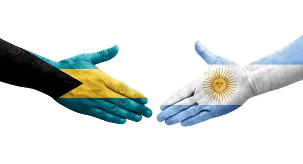 Χειραψία Μεταξύ Αργεντινής Και Μπαχαμών Σημαίες Ζωγραφισμένα Στα Χέρια Απομονωμένη — Φωτογραφία Αρχείου