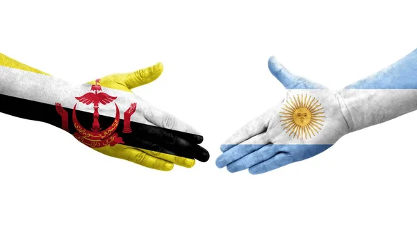 Händedruck Zwischen Argentinien Und Brunei Fahnen Auf Händen Gemalt Isoliertes — Stockfoto