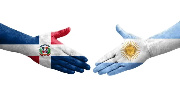 Saludo Entre Banderas Argentina República Dominicana Pintadas Las Manos Imagen — Foto de Stock