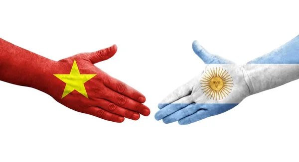 Handshake Entre Argentina Vietnã Bandeiras Pintadas Mãos Imagem Transparente Isolada — Fotografia de Stock