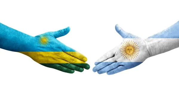 Χειραψία Μεταξύ Αργεντινής Και Ρουάντα Σημαίες Ζωγραφισμένα Στα Χέρια Απομονωμένη — Φωτογραφία Αρχείου