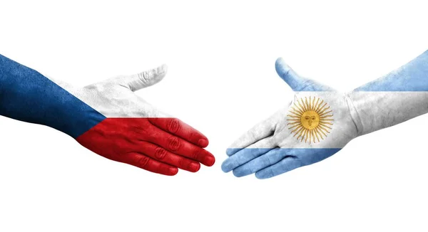 Händedruck Zwischen Argentinien Und Tschechien Fahnen Auf Händen Gemalt Isoliertes — Stockfoto