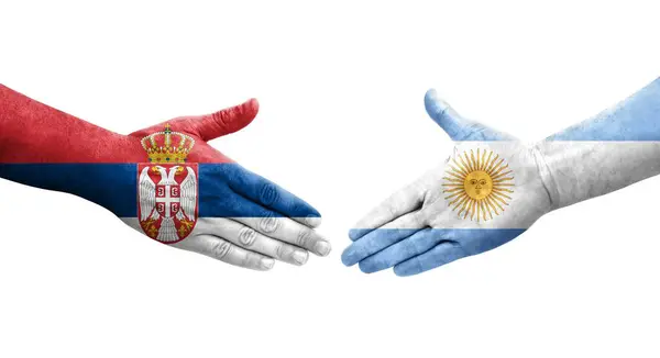Рукостискання Між Аргентинськими Сербськими Прапорами Намальоване Руках Ізольоване Прозоре Зображення — стокове фото
