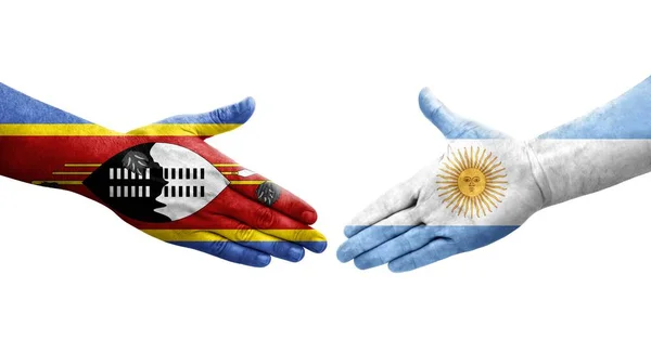 Рукостискання Між Аргентинськими Есваріні Прапорами Намальоване Руках Ізольоване Прозоре Зображення — стокове фото