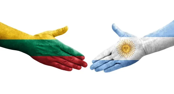 Рукостискання Між Аргентинськими Литовськими Прапорами Намальоване Руках Ізольоване Прозоре Зображення — стокове фото