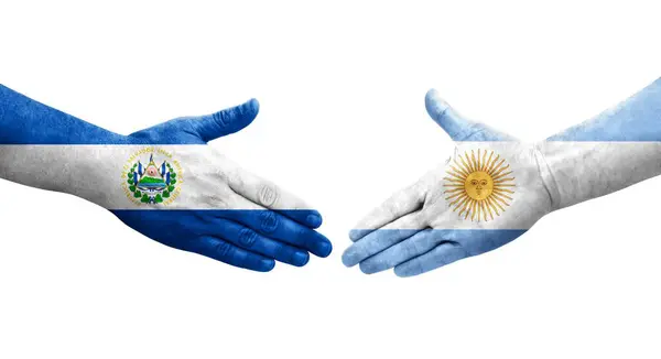 Saludo Entre Banderas Argentinas Salvadoreñas Pintadas Las Manos Imagen Transparente — Foto de Stock