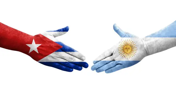 Potřesení Rukou Mezi Argentinou Kubou Vlajky Namalované Rukou Izolovaný Průhledný — Stock fotografie