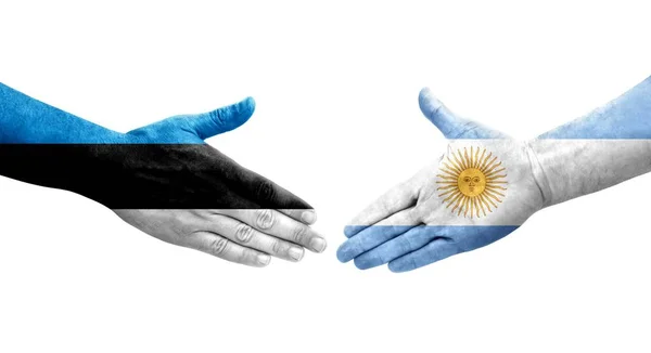 Uścisk Dłoni Między Argentyną Estonią Flagi Malowane Rękach Odizolowany Przezroczysty — Zdjęcie stockowe