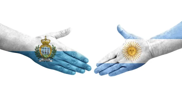 Χειραψία Μεταξύ Αργεντινής Και Αγίου Μαρίνου Σημαίες Ζωγραφισμένα Στα Χέρια — Φωτογραφία Αρχείου