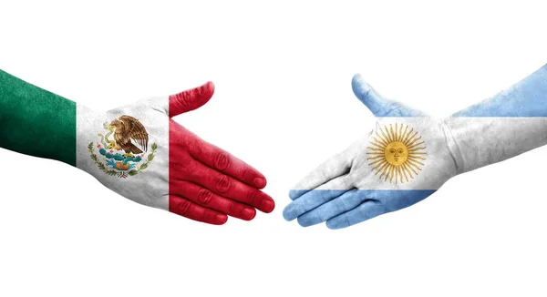 Poignée Main Entre Argentine Mexique Drapeaux Peints Sur Les Mains — Photo