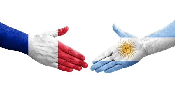 Handshake Entre Argentina França Bandeiras Pintadas Mãos Imagem Transparente Isolada — Fotografia de Stock