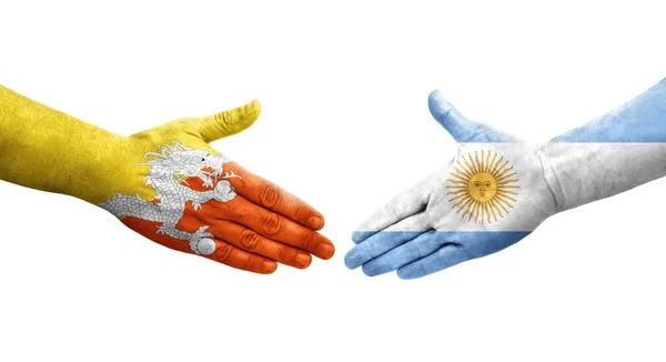 Apretón Manos Entre Argentina Banderas Bután Pintadas Las Manos Imagen —  Fotos de Stock