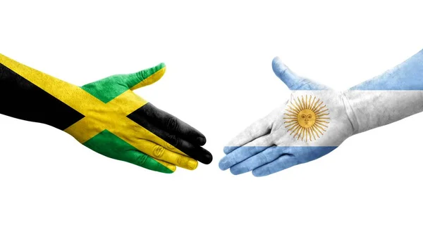 Рукопожатие Между Флагом Аргентины Ямайки Нарисованное Руках Изолированное Прозрачное Изображение — стоковое фото