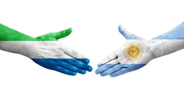 Рукопожатие Между Флагом Аргентины Сьерра Леоне Нарисованное Руках Изолированное Прозрачное — стоковое фото
