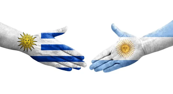 Saludo Entre Banderas Argentinas Uruguayas Pintadas Las Manos Imagen Transparente — Foto de Stock