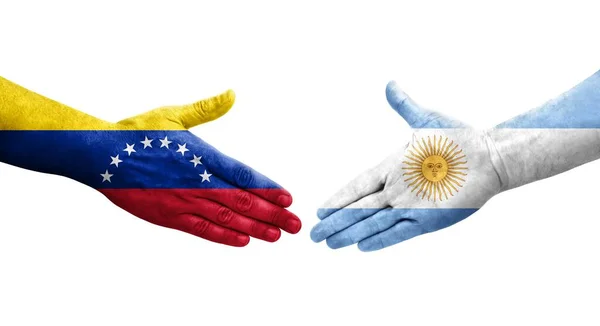 阿根廷和委内瑞拉之间握手 手绘国旗 孤立透明的形象 — 图库照片