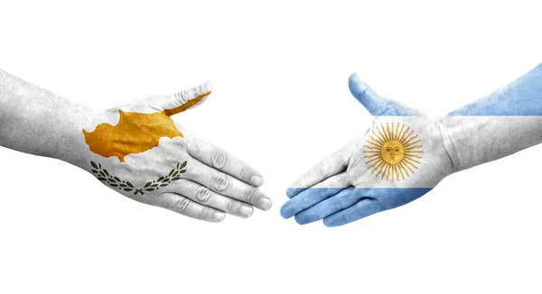 Χειραψία Μεταξύ Αργεντινής Και Κύπρου Σημαίες Ζωγραφισμένες Στα Χέρια Απομονωμένη — Φωτογραφία Αρχείου