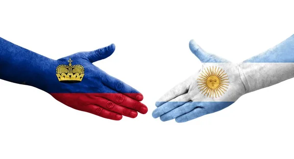 Χειραψία Μεταξύ Αργεντινής Και Λιχτενστάιν Σημαίες Ζωγραφισμένα Στα Χέρια Απομονωμένη — Φωτογραφία Αρχείου