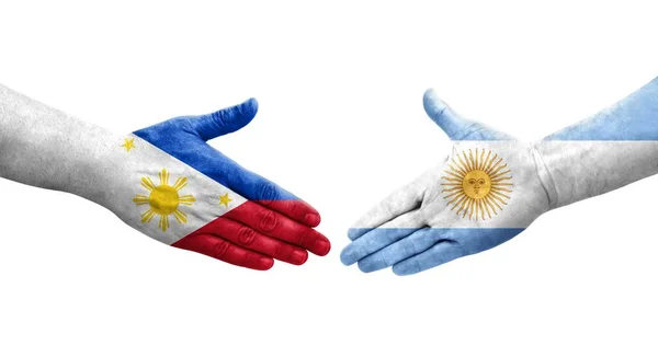 Uścisk Dłoni Między Argentyną Filipinami Flagi Malowane Rękach Odizolowany Przezroczysty — Zdjęcie stockowe