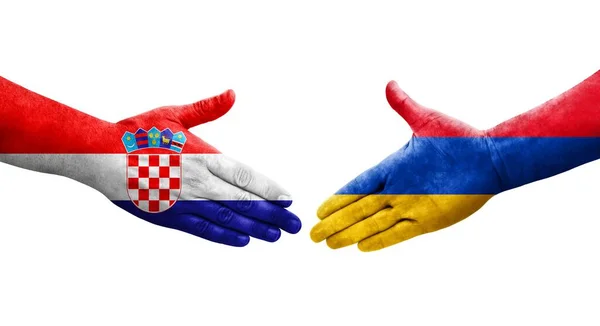 Uścisk Dłoni Między Armenią Chorwacją Flagi Malowane Rękach Odizolowany Przezroczysty — Zdjęcie stockowe