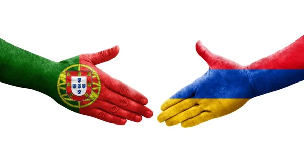 Uścisk Dłoni Między Armenią Portugalią Flagi Malowane Rękach Odizolowany Przezroczysty — Zdjęcie stockowe