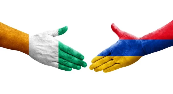 Aperto Mão Entre Arménia Costa Marfim Bandeiras Pintadas Mãos Imagem — Fotografia de Stock