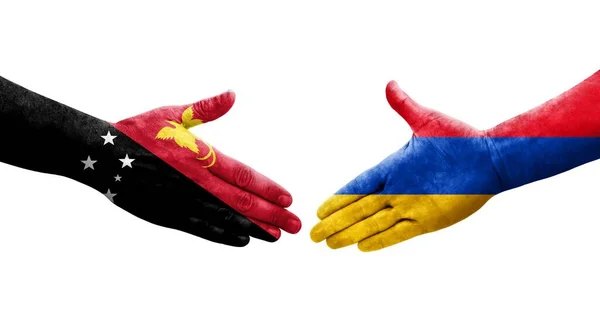 Handshake Entre Arménia Papua Nova Guiné Bandeiras Pintadas Mãos Imagem — Fotografia de Stock