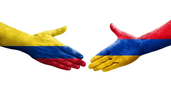 亚美尼亚和哥伦比亚之间握手 手绘国旗 孤立透明的图像 — 图库照片