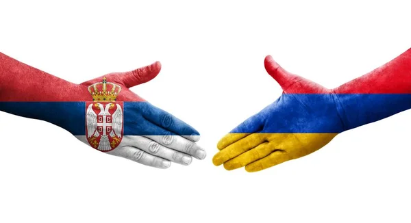 Handslag Mellan Armenien Och Serbien Flaggor Målade Händer Isolerad Transparent — Stockfoto