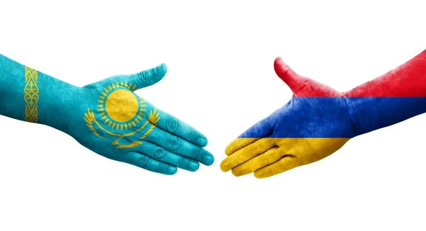 Aperto Mão Entre Arménia Cazaquistão Bandeiras Pintadas Mãos Imagem Transparente — Fotografia de Stock