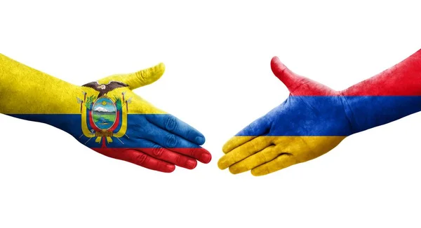 Apretón Manos Entre Armenia Ecuador Banderas Pintadas Las Manos Imagen — Foto de Stock