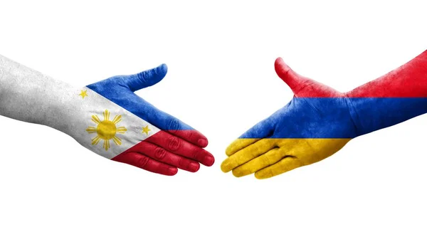Uścisk Dłoni Między Armenią Filipinami Flagi Malowane Rękach Odizolowany Przezroczysty — Zdjęcie stockowe