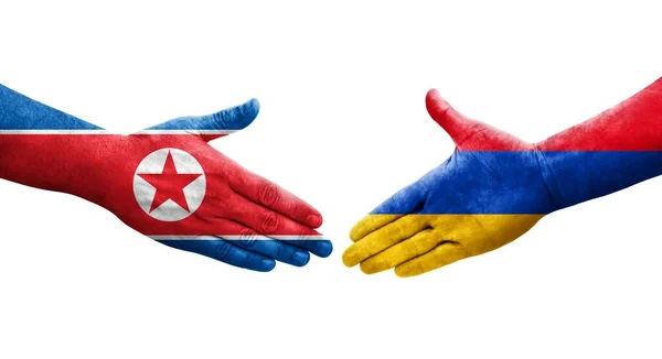 Aperto Mão Entre Arménia Coreia Norte Bandeiras Pintadas Mãos Imagem — Fotografia de Stock