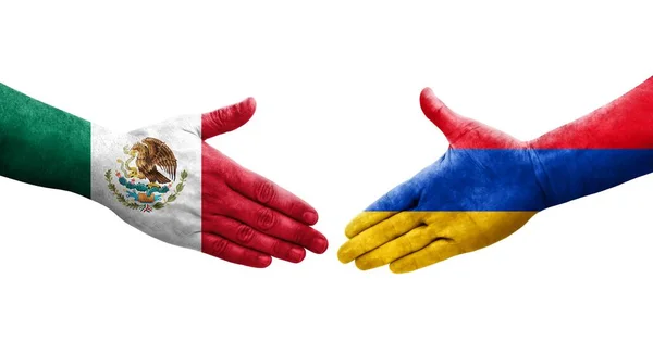 Handslag Mellan Armenien Och Mexiko Flaggor Målade Händer Isolerad Transparent — Stockfoto