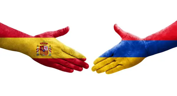 亚美尼亚和西班牙之间握手 手绘国旗 孤立透明的图像 — 图库照片
