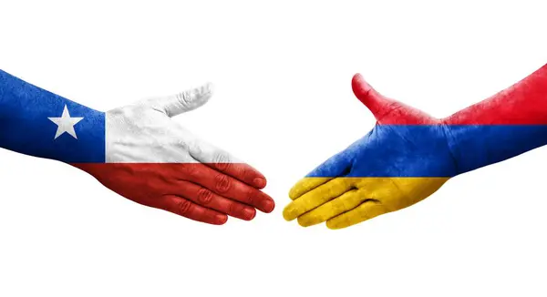 stock image Handshake between Armenia and Chile flags painted on hands, isolated transparent image.