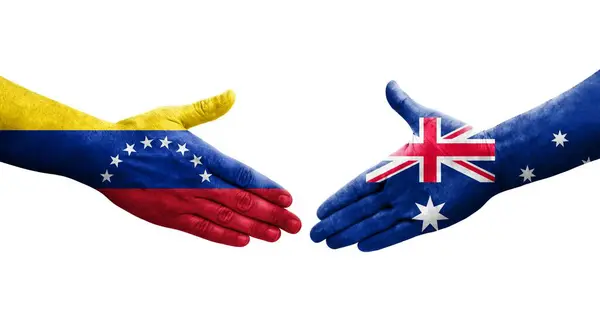 澳大利亚和委内瑞拉之间握手 手绘国旗 孤立透明的形象 — 图库照片