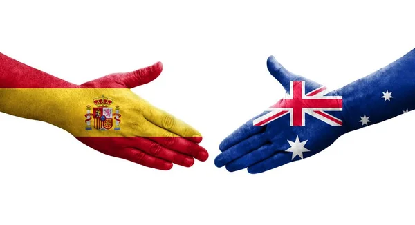 澳大利亚和西班牙之间握手 手绘国旗 孤立透明的图像 — 图库照片