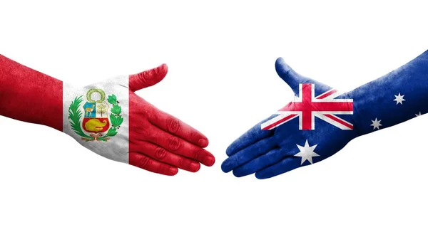 Χειραψία Μεταξύ Αυστραλίας Και Περού Σημαίες Ζωγραφισμένα Στα Χέρια Απομονωμένη — Φωτογραφία Αρχείου