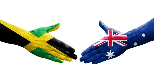 Apretón Manos Entre Australia Jamaica Banderas Pintadas Las Manos Imagen —  Fotos de Stock